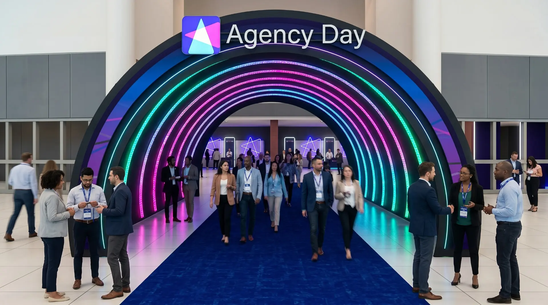 Participantes circulam sob portal iluminado do Agency Day em área de networking do evento