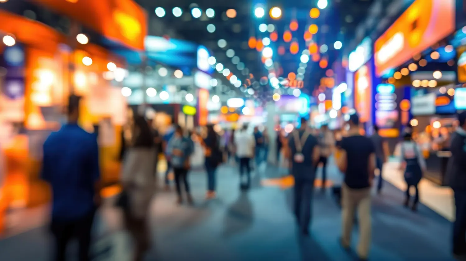 Público circula entre estandes iluminados em feira de negócios e networking profissional
